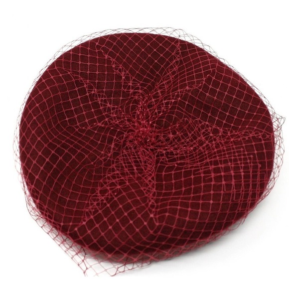 Burgundy Wool Felt Beret w Veil Netting Church Party Retro Style Hat - Hey Viv - Picture 3 of 5